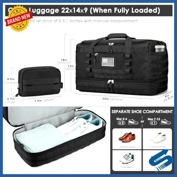 Tactical Travel Duffle Bag 22x14x9 Airline Approved with Wet Pocket
